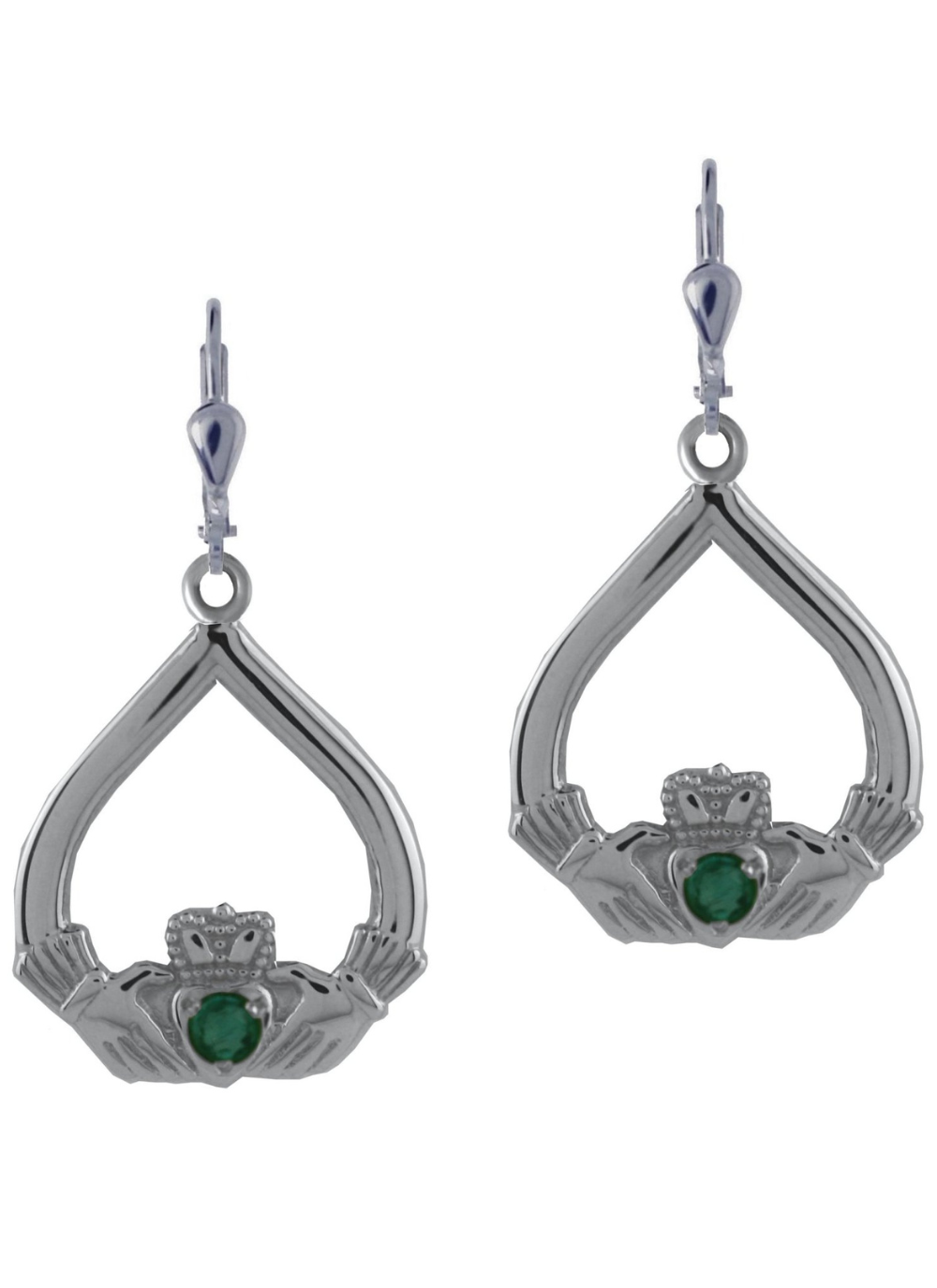 Traditional Claddagh Drop Earrings With Green Cubic Zirconia